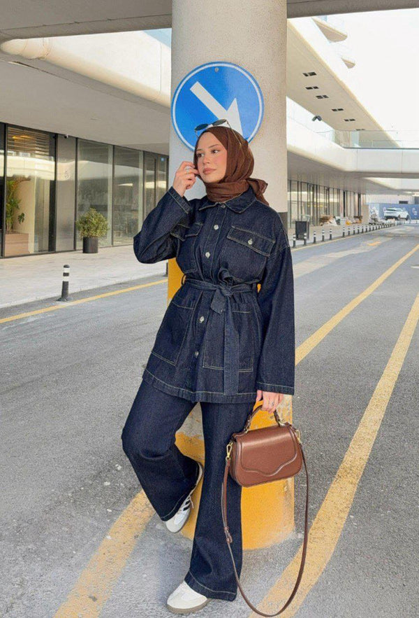 طقم جينز غامق جكيت وبنطلون